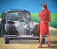 red dress black vintage car